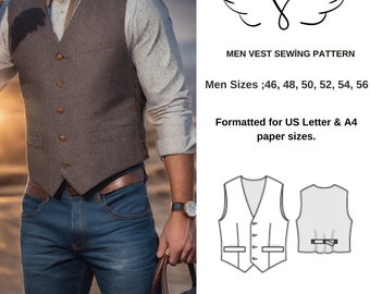 Vest PDF sewing pattern,waistcoat sewing pattern instant download,Men Sizes ;46 48, 50, 52, 54,56-Plus size mens vest