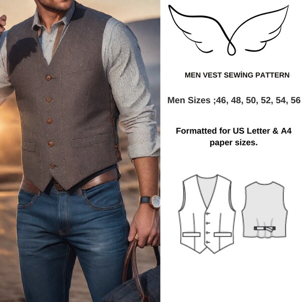 Vest PDF sewing pattern,waistcoat sewing pattern instant download,Men Sizes ;46 48, 50, 52, 54,56-Plus size mens vest