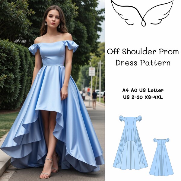 Off Shoulder Puff Sleeve Prom Dress Sewing Pattern, High-Low Prom Dress, Ball Gown,  Off Shoulder dress, XS-4XL A4 A0 US