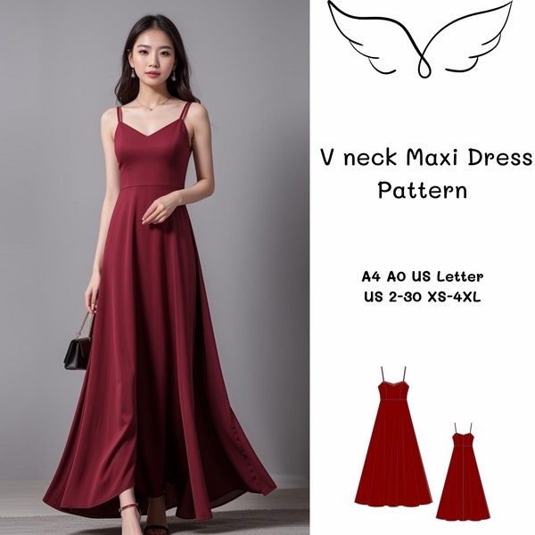 V neck Maxi Dress Sewing Pattern, Prom Dress Pattern, Evening Gown, Ball Gown, Circle Dress, Cocktail Dress, Bridesmaid Dress, A4 A0  Xs-4XL