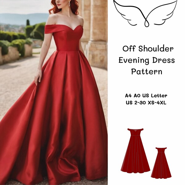 Off Shoulder Sweetheart Neck Dress Sewing Pattern, Bridal Gown, Prom Dress, Evening Gown, Ball Gown, Bridesmaid Dress, A4 A0 US, US 2-30