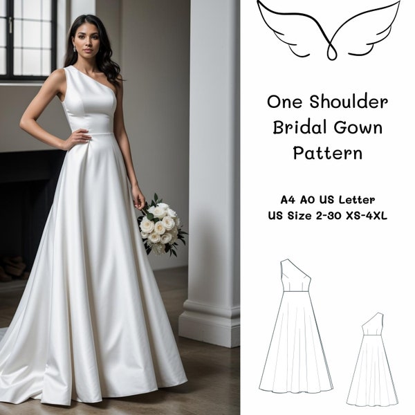 One Shoulder Bridal Gown Sewing Pattern, Wedding Dress Pattern, Bridal Gown, Maxi Dress , Ball gown, XS-4XL A4 A0 US