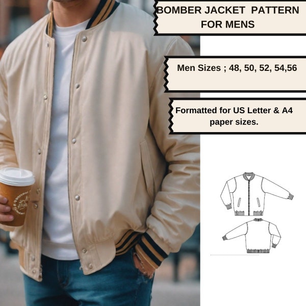 Bomber Jacket For Men Sewing Pattern, Bomber Jacket Pattern, Men's Jacket, Men Sewing Pattern,  Men Size 48 to 56
