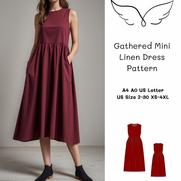 Gathered Linen Midi Dress Sewing Pattern, Linen Summer Dress, High waist dress, Sundress Pattern, Cottagecore Dress, Gathering Skirt, XS-4XL