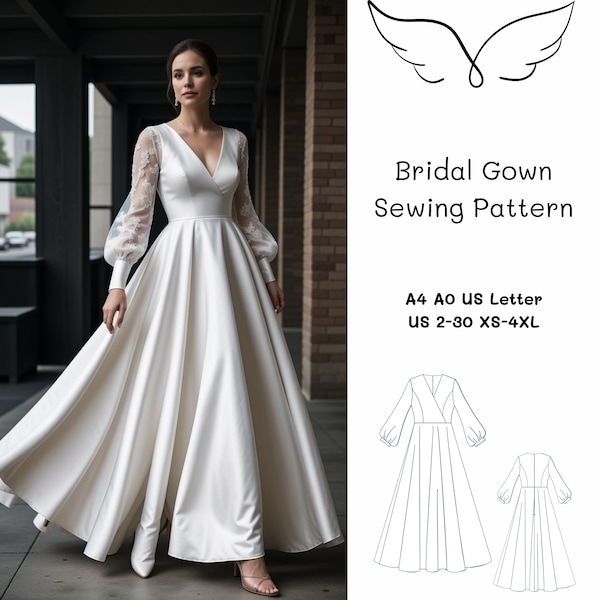 Surplice Bridal Gown Sewing Pattern, Wedding Dress Pattern, Bridal Gown, Puff Sleeve, Ball gown, XS-4XL A4 A0 US