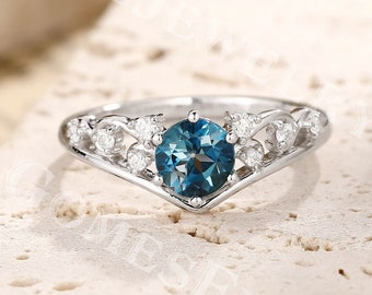 London Blue Topaz Engagement Ring | Topaz Ring White Gold | Leaf Vine Ring | Blue Gemstone Ring | Nature Inspired Ring