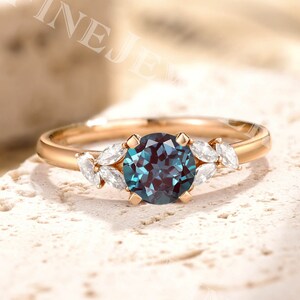 Art Deco Alexandrite Engagement Ring | Alexandrite Ring Rose Gold | Leaf Moissanite Ring | Color Changing Ring | Custom Ring