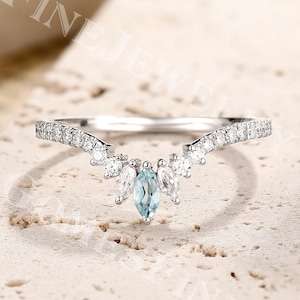 Antiker Geschwungener Aquamarin Trauring | Marquise Aquamarin Ring | Massiv Weißgold | V Form Moissanit Ring | Einzigartiges passendes Frauenband