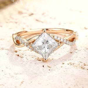 Princess cut Moissanite Engagement Ring | Vintage Twisted Moissanite Ring | Unique Rose Gold Ring | Half Eternity Band | Promise Ring