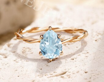 Gevlochten aquamarijn verlovingsring | Aquamarijnring peergeslepen | Ring gedraaid touw l Massief roségouden solitairering | Minimalistische ring dames