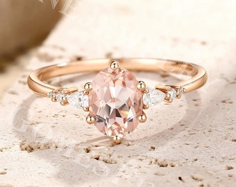 Vintage morganiet verlovingsring | Ovale ring morganiet | Champagne-morganietring | Roségouden clusterring | Beloftering voor haar