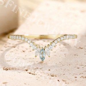 Marquise Aquamarine Wedding Band | Curved Aquamarine Ring | Crown Wedding Band | Yellow Gold Ring | Moissanite Matching Band | Dainty Ring