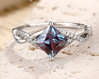 Prinses geslepen alexandriet verlovingsring | Vintage gedraaide alexandrietring | Witgouden gevlochten ring | Diamant effenen band | Jubileumcadeau