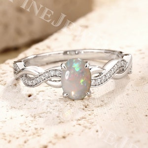 White Gold Opal Engagement Ring | Oval Twisted Opal Ring | Vintage Diamond Ring | Half Eternity Ring | Infinity Ring | Art Deco Bridal Ring