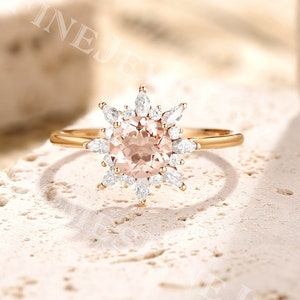 Anillo de compromiso de morganita de flores Anillo de pétalos de morganita Morganita Anillo de halo Anillo de aniversario de promesa de oro rosa