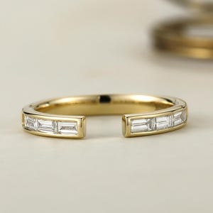 Open trouwring, ring met baguettezetting, bijpassende trouwring van 14 karaats goud, moderne ring met open opening, minimalistische stapelbare ring