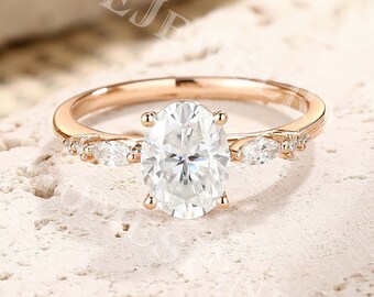 Oval cut Moissanite Engagement Ring | Unique Moissanite Ring Rose Gold | Marquise Diamond Ring | Matching Ring | Anniversary Promise Ring