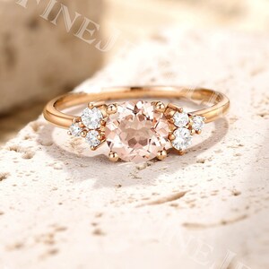 Art Deco Morganite Engagement Ring | Rose Gold Morganite Ring Round Cut | Cluster Diamond Ring | Dainty Moissanite Ring | Promise Ring