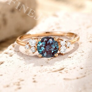 Vintage Alexandrite Engagement Ring | Rose Gold Alexandrite Ring Round Cut | Cluster Moissanite Ring | Seven Stone Ring | Promise Ring