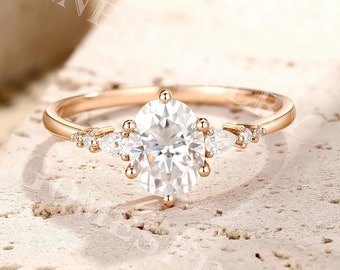Vintage Oval cut Moissanite Engagement Ring Women | Art Deco Moissanite Ring | Diamond Accent Ring | Six Prong Ring | Rose Gold Promise Ring