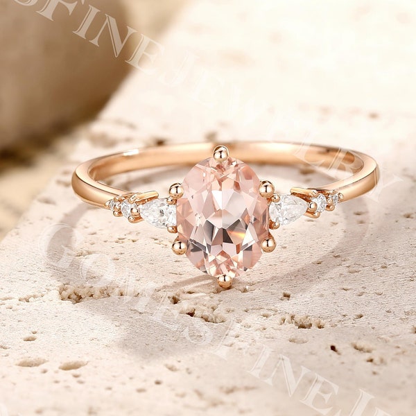 Vintage Morganite Engagement Ring | Oval Morganite Ring | Champagne Morganite Ring | Rose Gold Cluster Ring | Promise Ring for her