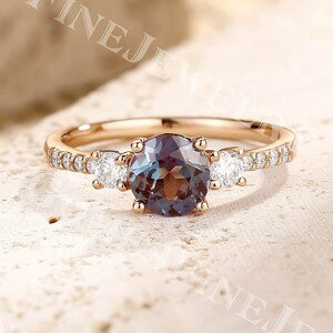 Round cut Alexandrite Engagement Ring Rose gold | Vintage Alexandrite Ring | Unique Diamond Ring | Prong set Ring | Promise Anniversary Ring