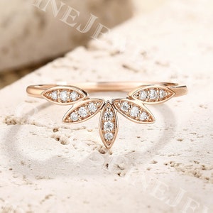 Leaf Moissanite Wedding Band | Vintage Marquise Diamond Ring | Rose Gold Leaf Crown Ring | Art Deco Stacking Matching Band | Ring For Women