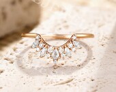 Crown Wedding Band Rose Gold Moissanite Ring Curved Wedding Ring Unique Pear Matching Ring