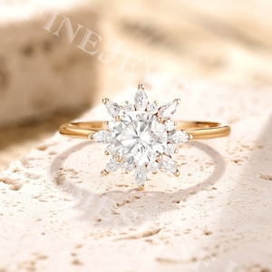 Vintage Moissanite Engagement Ring | Flower Moissanite Ring Round cut | Rose Gold Halo Ring | Marquise Diamond Wedding Ring | Promise Ring