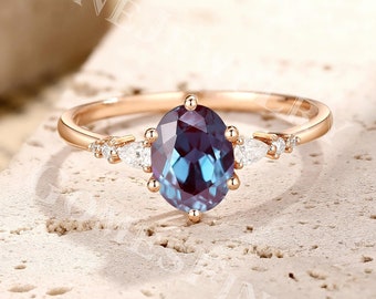 Antique Alexandrite Engagement Ring | Oval Alexandrite Ring | Rose Gold Cluster  Ring | Color Changing Ring | Handmade Ring