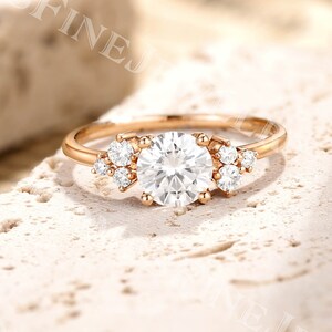 Unique Moissanite Engagement Ring | Round Cut Moissanite Ring | Cluster Rose Gold Ring | Dainty Ring | Art Deco Anniversary Promise Ring