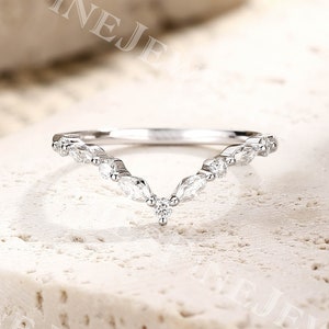 Dainty Marquise Round Moissanite Wedding Band | Curved Wedding Ring White Gold | Delicate V Shape Ring | Stacking Band Women | Gift for Her