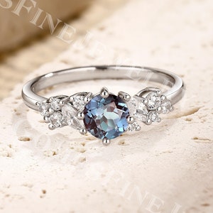 Round cut Alexandrite Engagement Ring | Alexandrite Cluster Ring | Marquise Moissanite Ring | Color Changing Ring | White Gold Wedding Ring