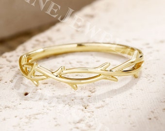 14K Solid Gold Leaf Ring | Dainty Twig Wedding Band | Leaf Branch Ring | Nature Inspired | Vine Ring | Stacking Bridal Ring | Gift for her