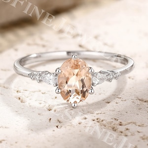 Oval cut Morganite Engagement Ring | Art Deco Champagne Morganite Ring 14k White Gold | Vintage Diamond Ring | Promise Anniversary Gift