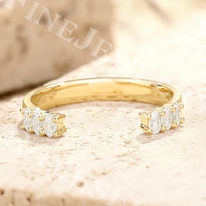 Antique Oval Moissanite Open Wedding Band | 14K Yellow Gold Moissanite Gap Ring | Customized Stacking Ring | Prong Set Ring | Wedding Gift