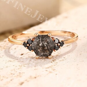 Black Rutilated Quartz Engagement Ring | Hexagon Rutilated Quartz Ring | Black Onyx Cluster Ring | Rose Gold Ring | Anniversary Ring