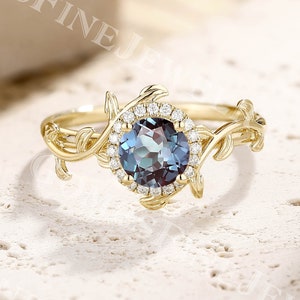 Leaf Alexandrite Engagement Ring | 14k Solid Gold Round Alexandrite Ring | Floral Halo Ring | Vintage Twig Ring | Cluster Ring | Nature Ring