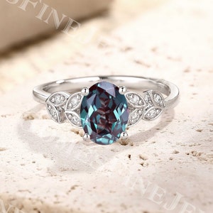 Nature Inspired Leaf Alexandrite Engagement Ring | Oval Alexandrite Color Changing Ring | White Gold Moissanite Cluster Ring | Promise Ring