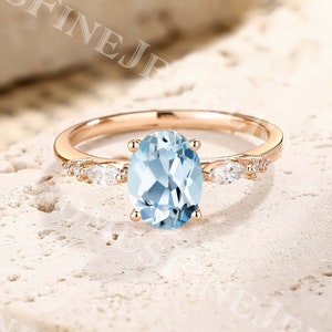 Dainty Oval Aquamarine Engagement Ring | Vintage Aquamarine Cluster Ring | Marquise Diamond Ring | Solid Rose Gold Ring | Seven Stone Ring