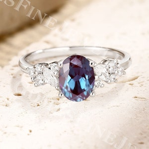 Vintage Oval Alexandrite Engagement Ring | lab Alexandrite Cluster Ring | Marquise Moissanite Ring | White Gold Cluster Ring | Art Deco Ring