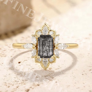 Halo Black Rutilated Quartz Engagement Ring in Yellow Gold | Emerald Shaped Wedding Ring | Moissanite Cluster Ring | Black Gemstone Jewelry