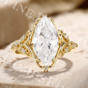2.5CT Brilliant cut Marquise Moissanite Engagement Ring | Solid Gold Large Moissanite Ring | Leaf Vine Ring | Big Stone Ring | Luxury Ring