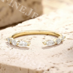 Unique Marquise Moissanite Open Wedding Band | Yellow Gold Gap Ring | Matching Stacking Band | Art Deco Wedding Band | Gift for Girlfriend