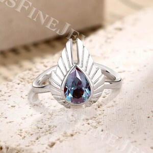 Pear cut Alexandrite Engagement Ring | White Gold Alexandrite Ring | Birthstone Ring | Wing Ring Gold | Memorial Jewelry | Promise Ring