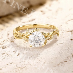 Round Twig Moissanite Engagement Ring | Nature Inspired Leaf Moissanite Ring | Yellow Gold Branch Ring | Dainty Ring | Promise Ring Women