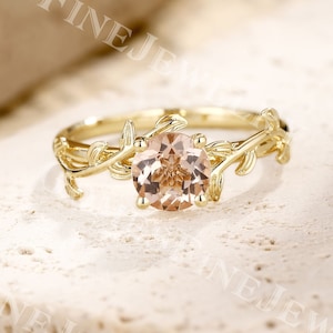 Leaf Vine Morganite Engagement Ring | Vintage Round cut Morganite Ring | Yellow Gold Solitaire Ring | Twig Ring | Nature Inspired Ring