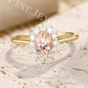 Halo Morganite Engagement Ring| Oval Morganite Ring | Yellow Gold Flower Ring | Unique Cluster Ring | Handmade Ring