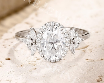 Oval Moissanite Engagement Ring | Unique Moissanite Halo Ring | White Gold Cluster Ring | Marquise Diamond Ring | Delicate Promise Ring
