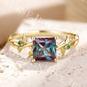 Princess cut Alexandrite Engagement Ring Leaf Branch Twig Alexandrite Ring Vintage Yellow Gold Emerald Ring Handmade Anniversary Ring